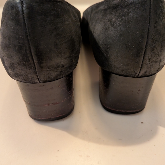 Salvatore Ferragamo Dark Gray / Black Suede Heels with Silver Buckle |  Size 6C - Picture 4 of 5